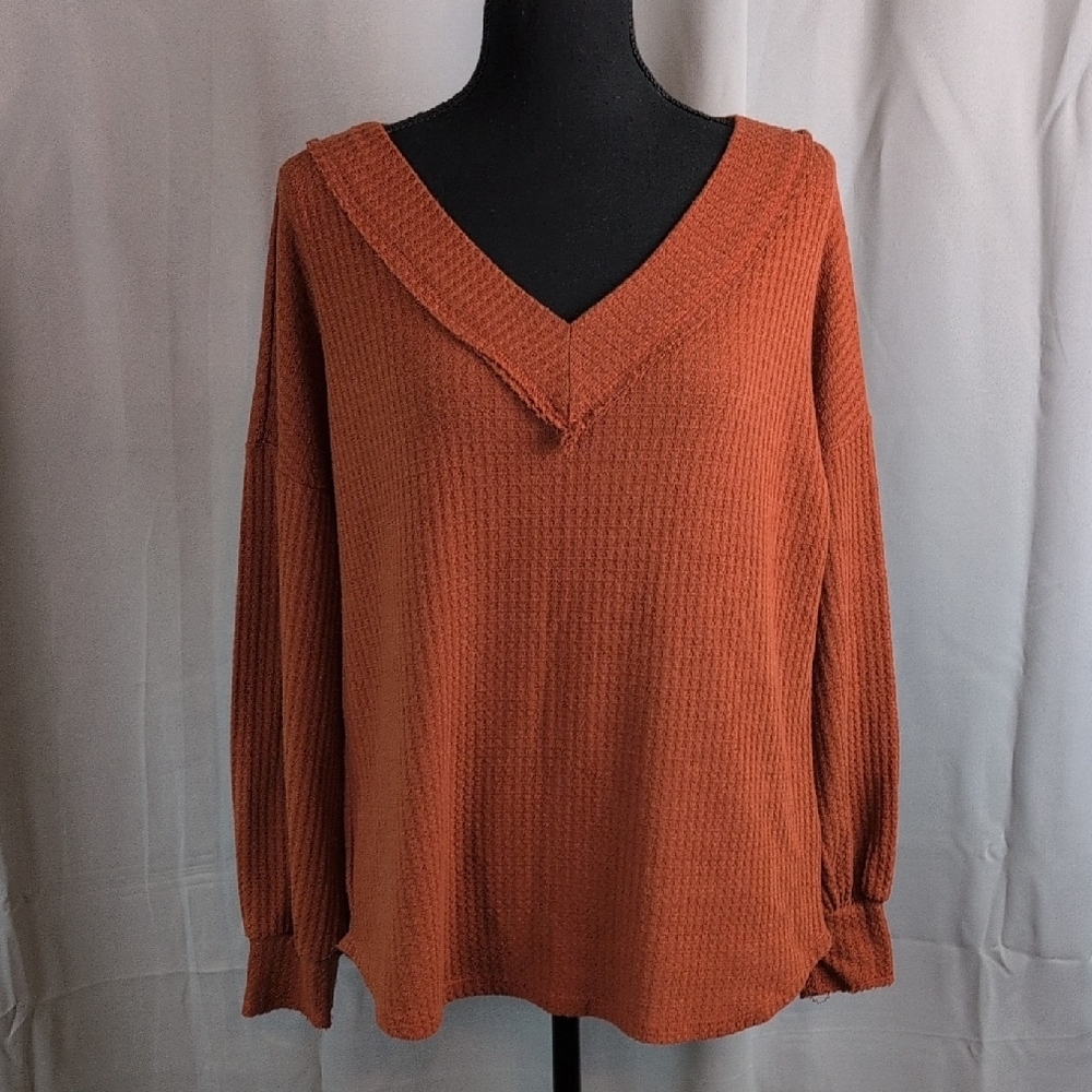 BiBi Orange V-Neck Sweater with Relaxed Fit